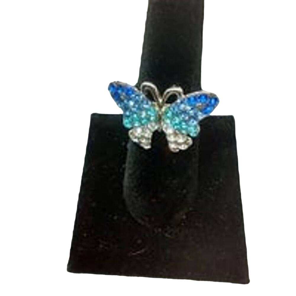 Butterfly Statement Ring Blue Ombre Rhinestones Adjustable Silver Tone
